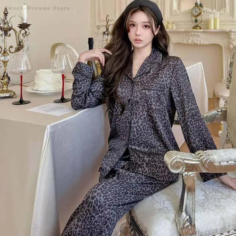 

Summer New Sexy Vintage Leopard Print Pajamas Temperament Ice Silk Home Clothes Nightwear 2 Pcs Shirt&pant Exquisite Sleepwear