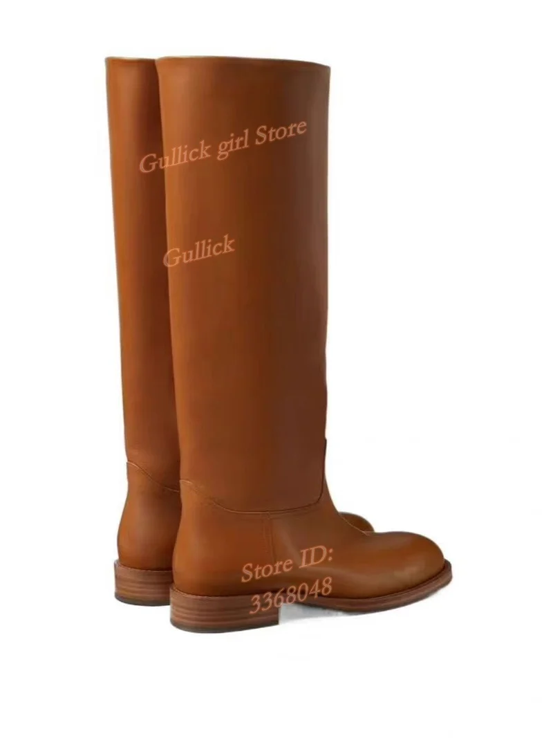 Brown Leather Knee High Boots Round Toe Block Low Heel Slip On New Arrivals 2026 Winter Autumn Women Dress Shoes Handmade