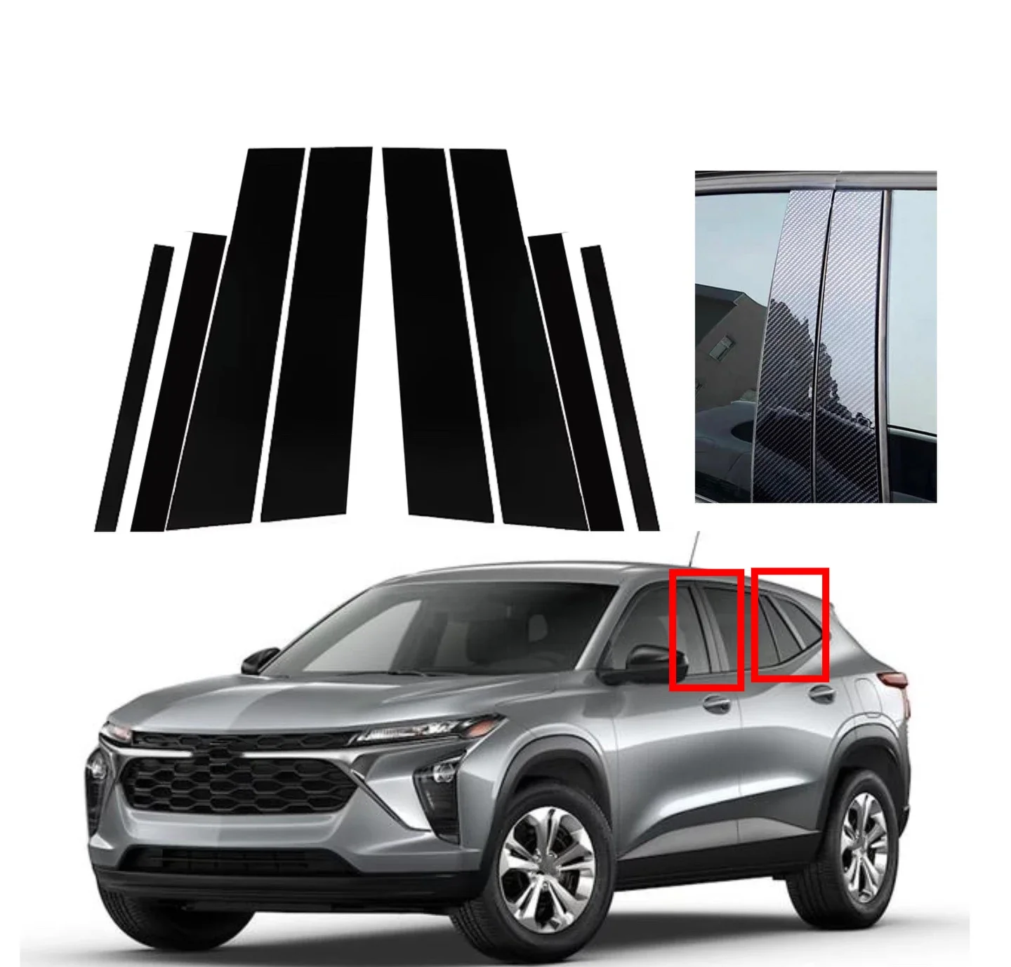 For Chevrolet Trax 2024 6Pcs Gloss Black & Silver Carbon B Pillar C Pillar Cover Set Complete Protective Exterior Upgrade Kit