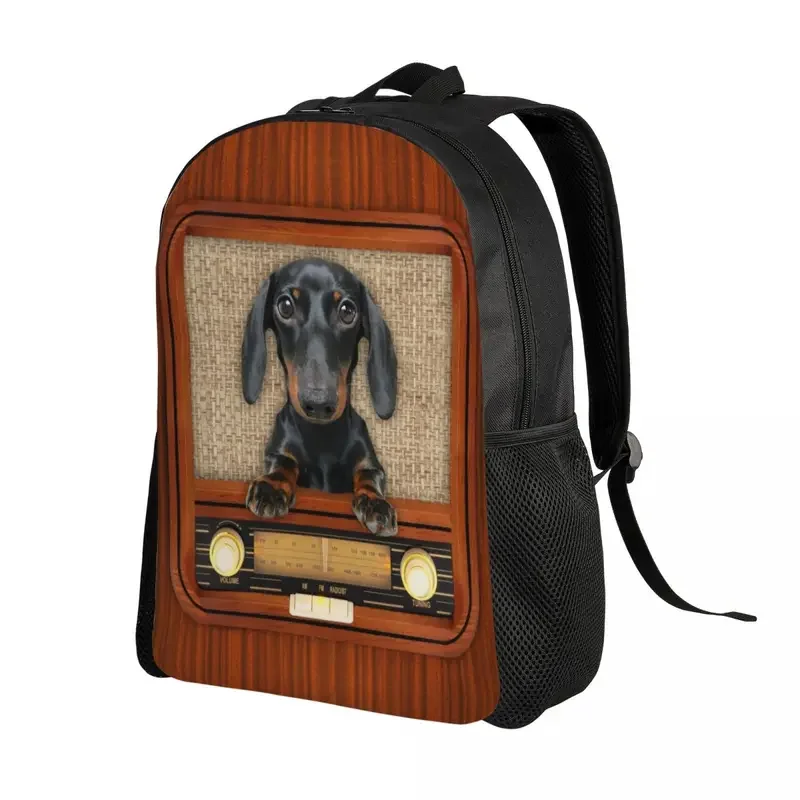 Personalized Dachshund Dog On Radio Backpack Women Men Basic Bookbag for College School Badger Wiener Sausage Bags