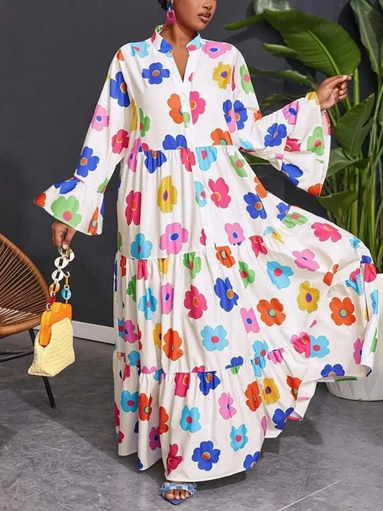 Tinaa 2024 Autumn New Flower Printed Sweet Dress 2024 Split-Joint Buttoned Loose Flared Sleeves Stand Collar Maxi Shirt Dresses