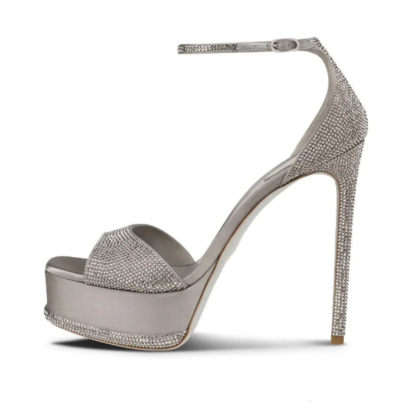 

Bling Rhinestone Square Toe Platform Summer Women Sandals Stiletto High Heels Buckle Strap Design Large Size Party Shoes