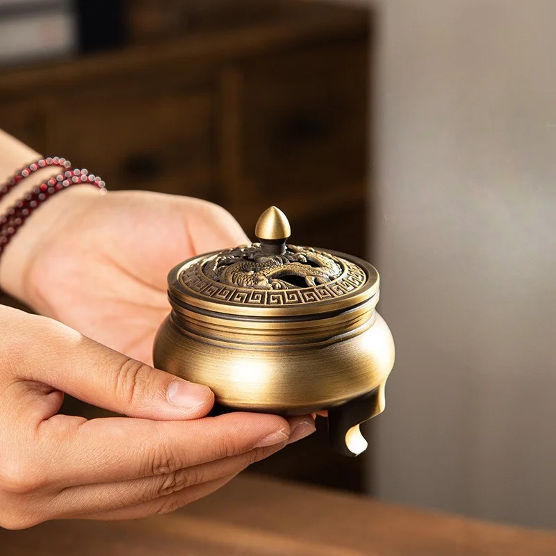 Ding Style Incense Burner Solid Copper Large Sandalwood Censer Indoor Home Teaware Decor for Coil Incense Burning Gift