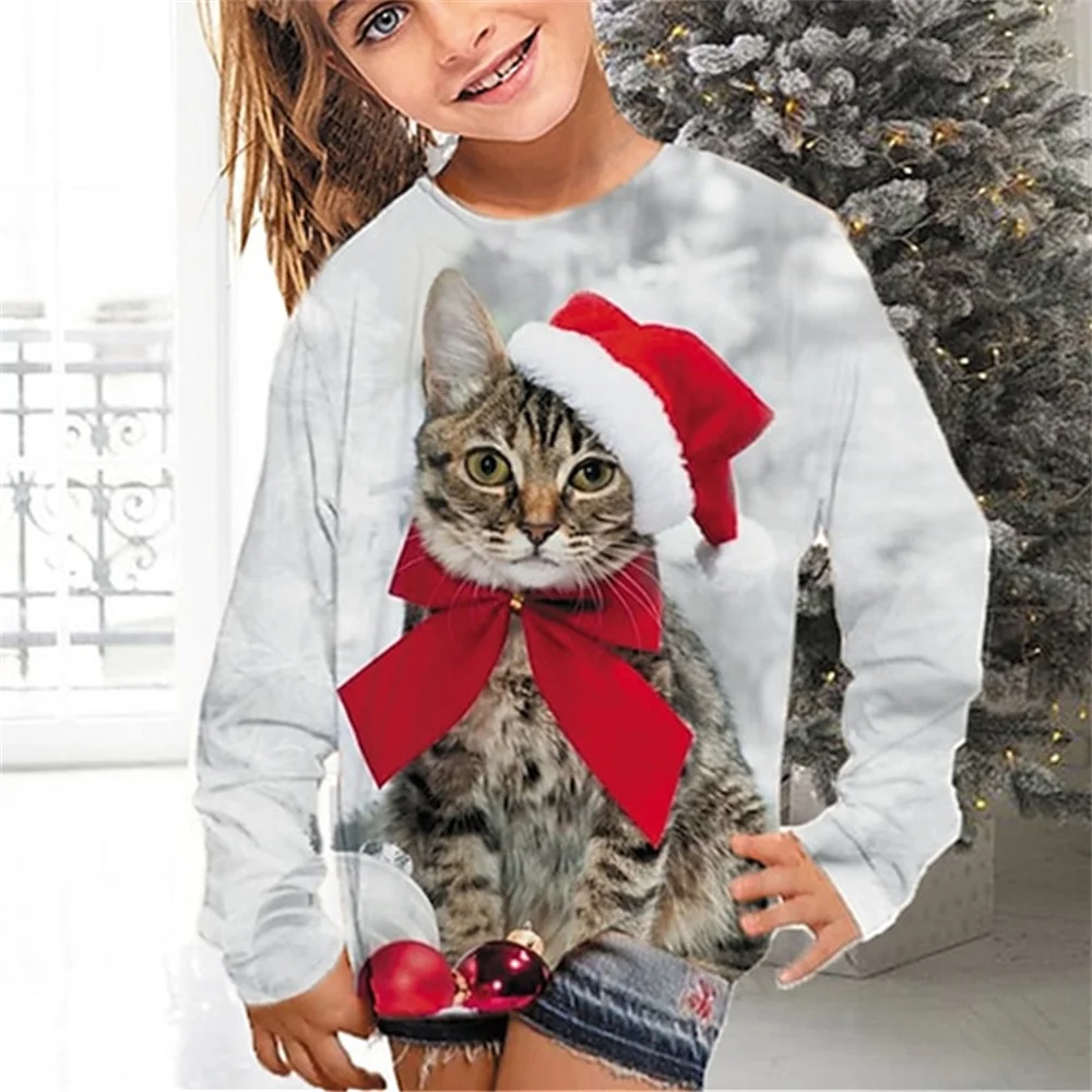 Kids Clothes Girl T-Shirt Long Sleeve Christmas 3D Cat Print Children Spring Fall Clothes Casual Round Neck Girl Clothes Tops