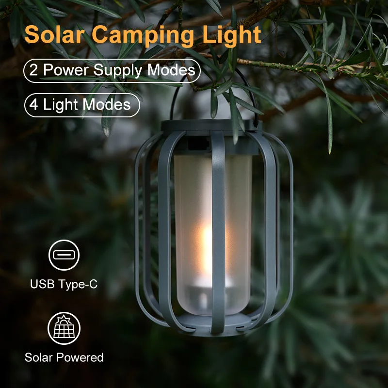 New Solar Flickering Flame Camping Lantern with Tripod Hanging Waterproof Outdoor Patio Garden Decorative Ambient Lamp