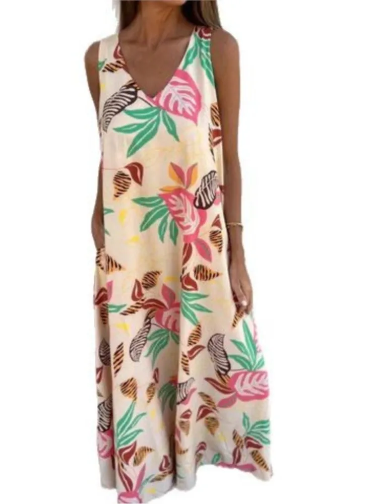 Damska letnia sukienka bez rękawów z nadrukiem bez rękawów z dekoltem w szpic Wygodne sukienki plażowe Boho na wakacje