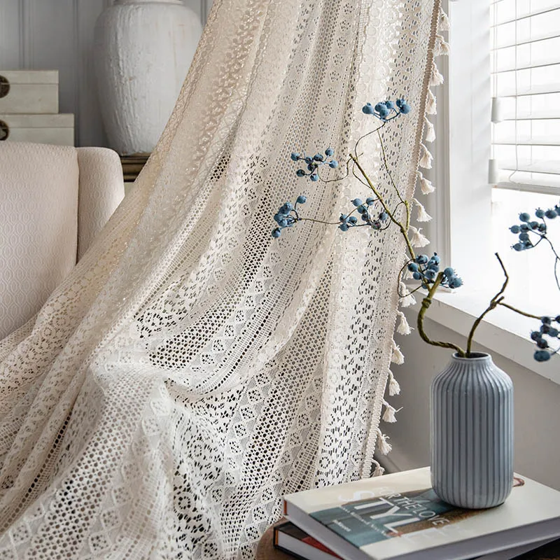 Boho Chic Crochet Geometry Knitted Window Curtains Farmhouse Retro Beige Drape Simi Sheer Curtain for Bedroom Living Room TJ7036