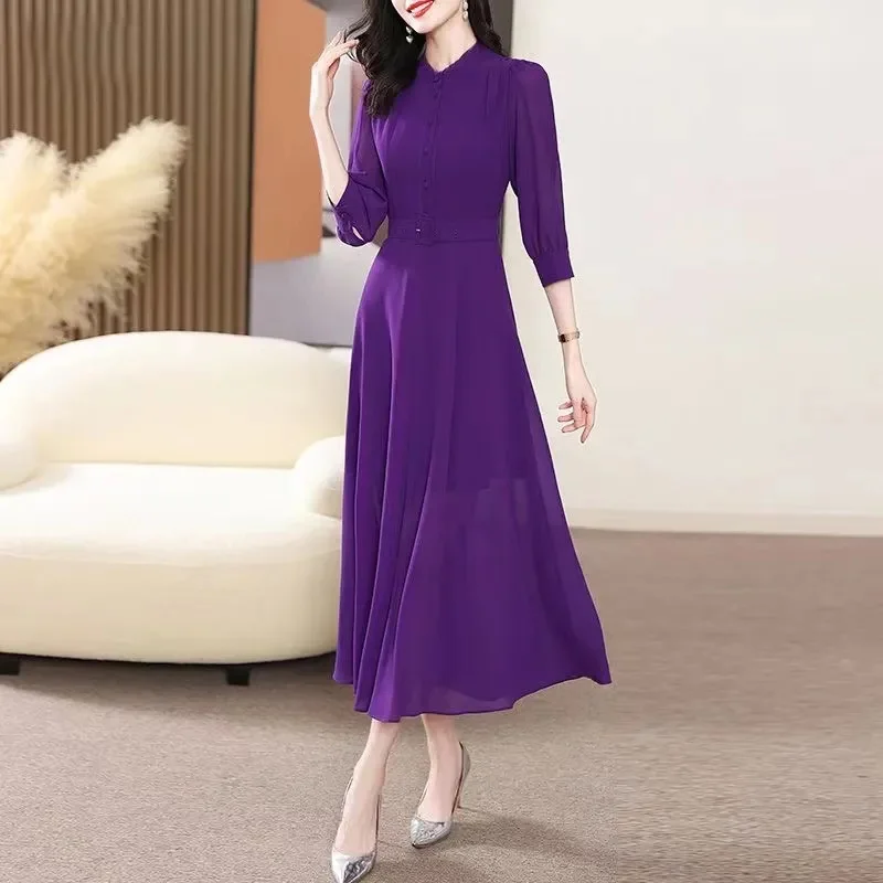 Dress Women Casual Vintage Three-Quarters Sleeve Summer Dress High Quality Vestidos Boho Style Ladies Party Mid Long Dress 2025