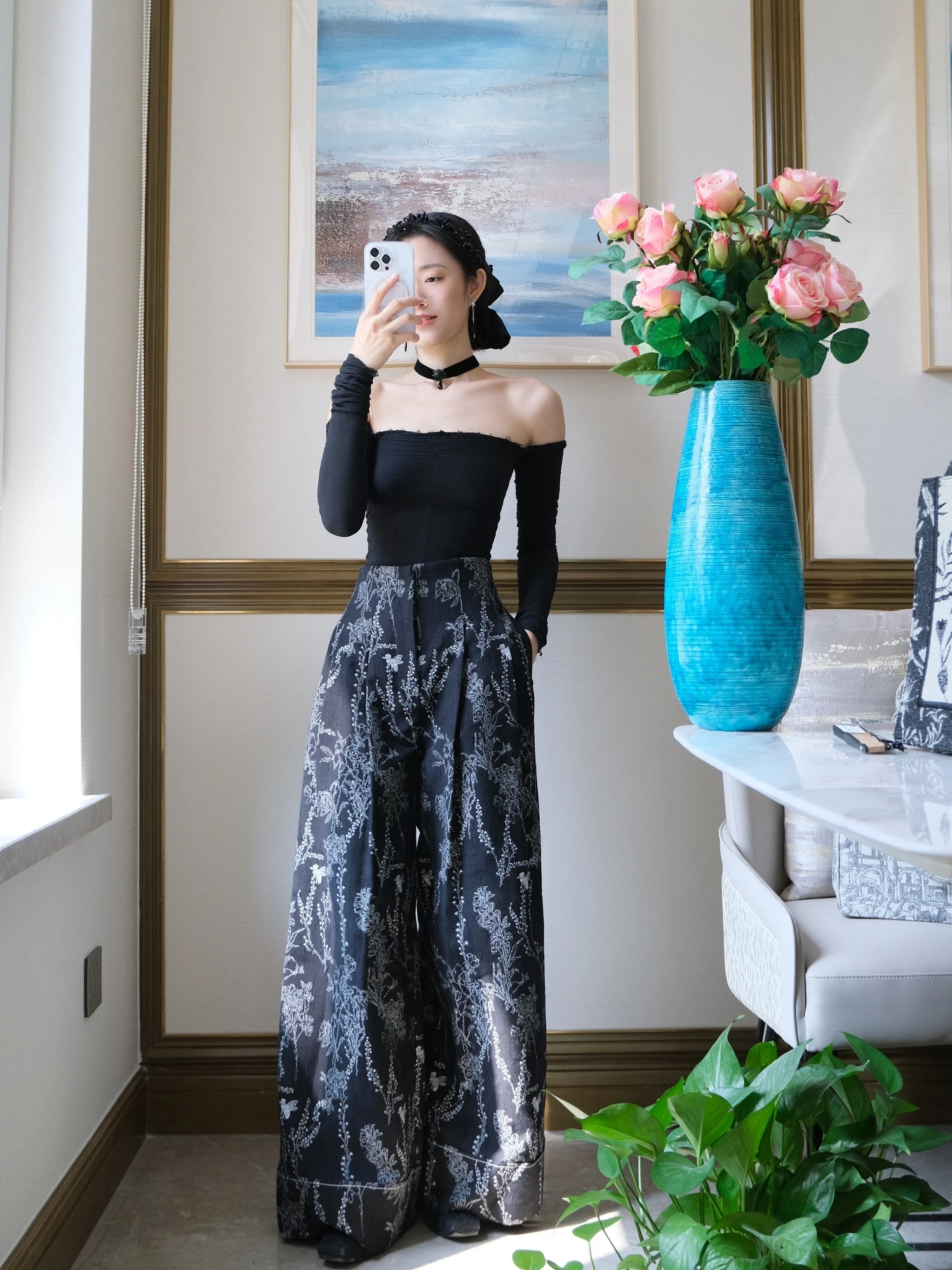 

TIIANNTIAAN High Waist Wide Leg Floral Pant Honey Vine Black White Straight Leg Casual Trousers for Women All-Match Style