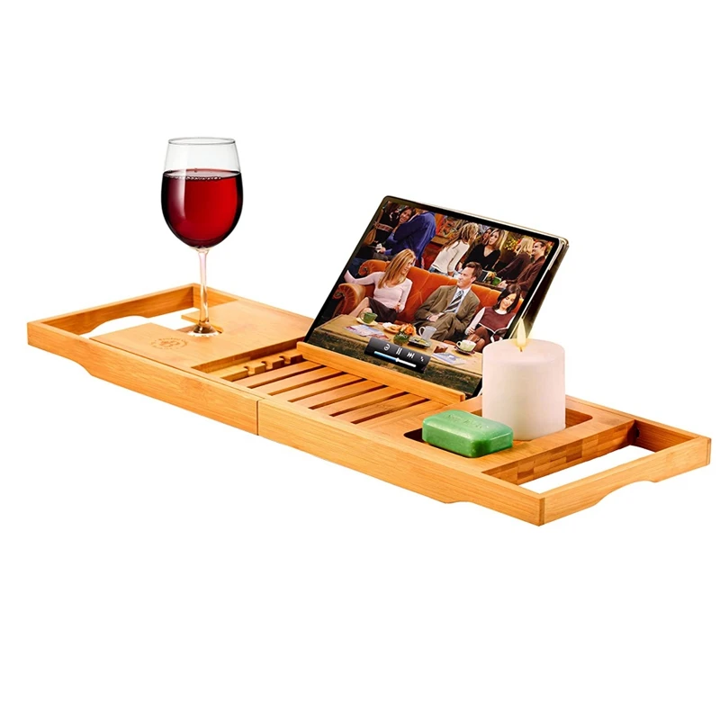 Bathtub Storage Box Tray With Extended Side Reading Rack, Tablet Holder, Mobile Phone Tray And Wine Glass Holder