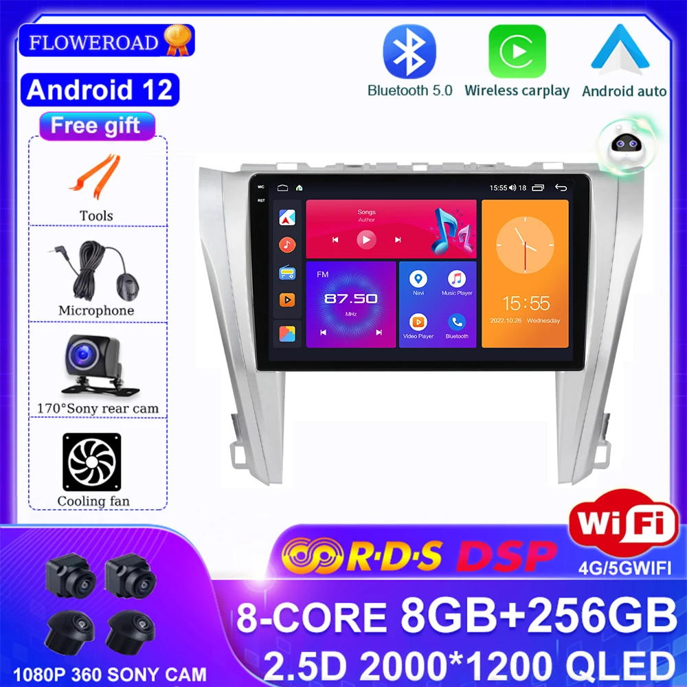 

Android 12 for Toyota Camry 7 XV 50 55 2014-2017 Auto Radio WIFI 4G LTE with Carplay Auto BT GPS DSP IPS 360 Cam No 2din 2 din