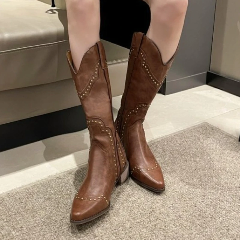 Retro Cowgirls Boots Designer Woman High Boots Fashion Pointed Toe Long Boot Shoes Ladies Elegant Rivet Women\'s Knight Bootties