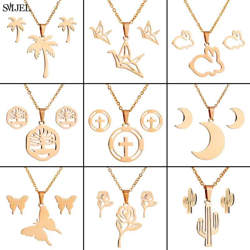 Edelstahl-Tier-Schmuckset für Damen, modisch, niedlicher Kaktus, Rose, Mond, Kreuz, Halskette, Ohrringe, geometrisches Hals-Accessoire