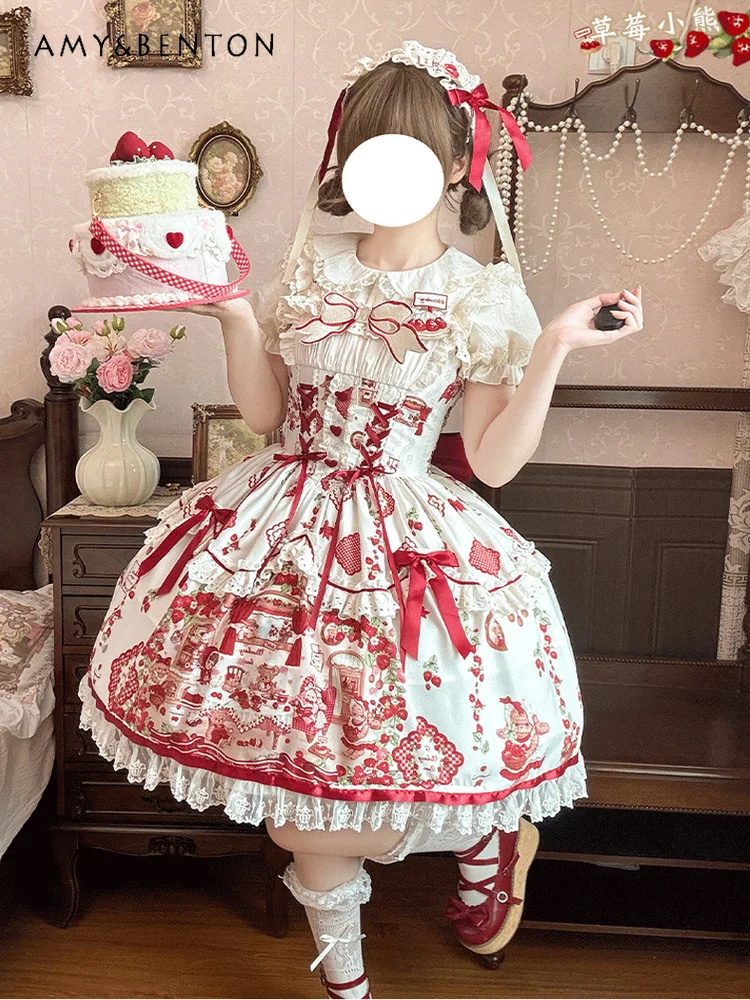 Abito da principessa stile ragazza dolce e carino quotidiano da donna originale Lolita Abiti da sera da fata Abito tutu sottile stampato con cartoni animati Kawaii
