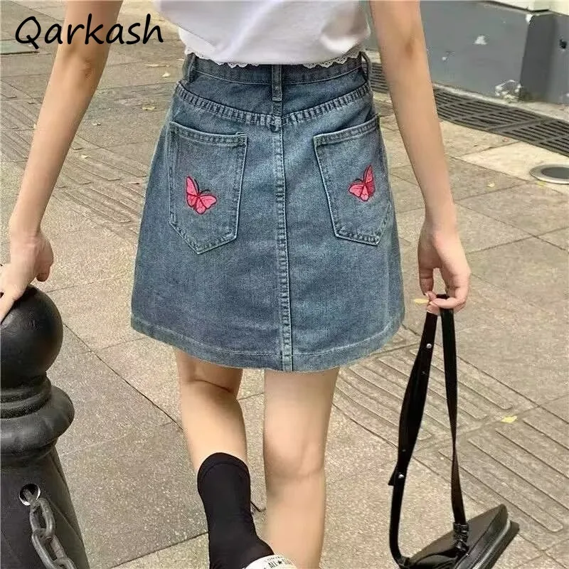 

Mini Denim Skirts Women Trendy Butterfly Embroidered Lace Patchwork Summer High Waist Hot Girl A-line Anti-exposure Hip-covering