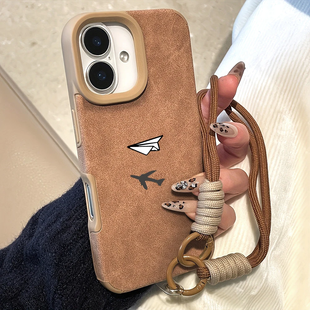 American Brown Suede Leather Texture Airplane Phone Case For iPhone 17 Pro Max 16 15 14 Plus 13 12 11 Air Cover With Lanyard view 6
