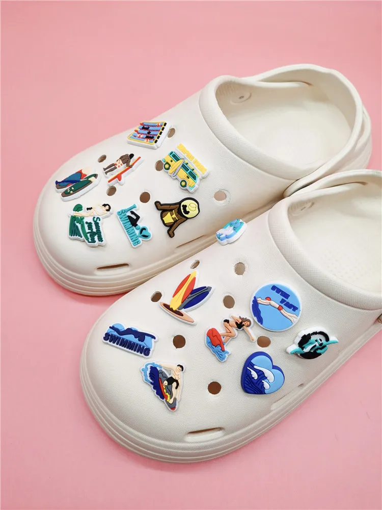 Novelty Beach Vacation Swimming Surfing Shoe Charms Decorations PVC Buckle Decor Diy Clog Shoes Accessories For Women Kids Gifts