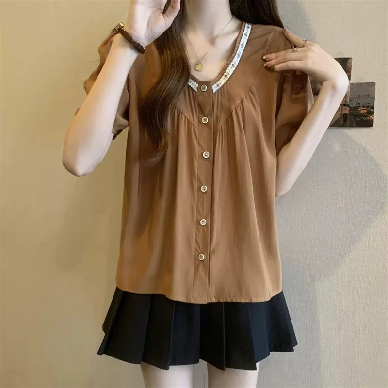 Women Stylish Vintage Embroidery Button Shirts Casual V Neck Short Sleeve Loose Blouse 2024 Summer Solid Sweet Chic Tops Blusas