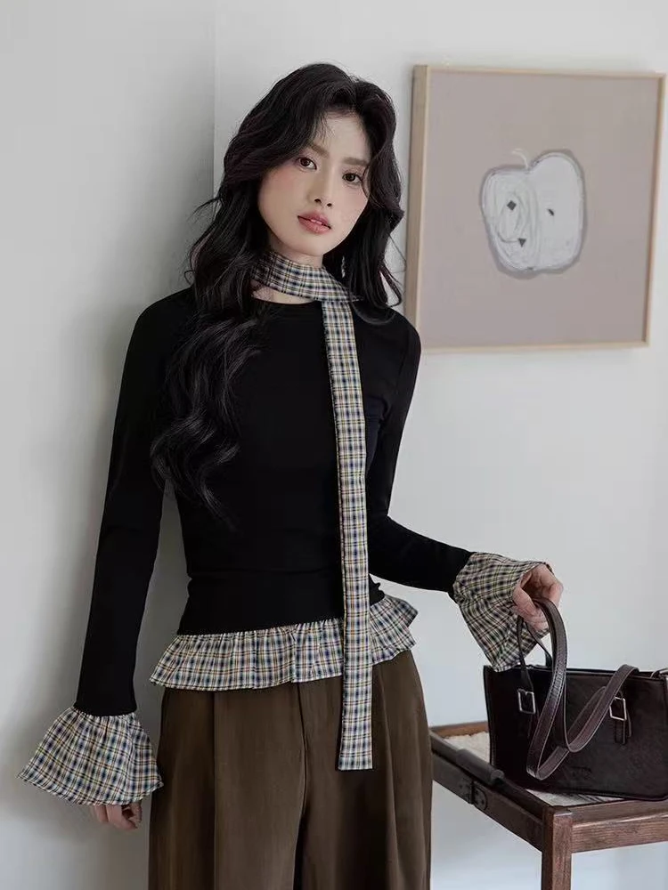 Korean Chic Patchwork Women Black Pullover Autumn New Plaid Stitching Fake 2 Pieces Top Sweet Bow Tie Long Sleeve T Shirts Mujer