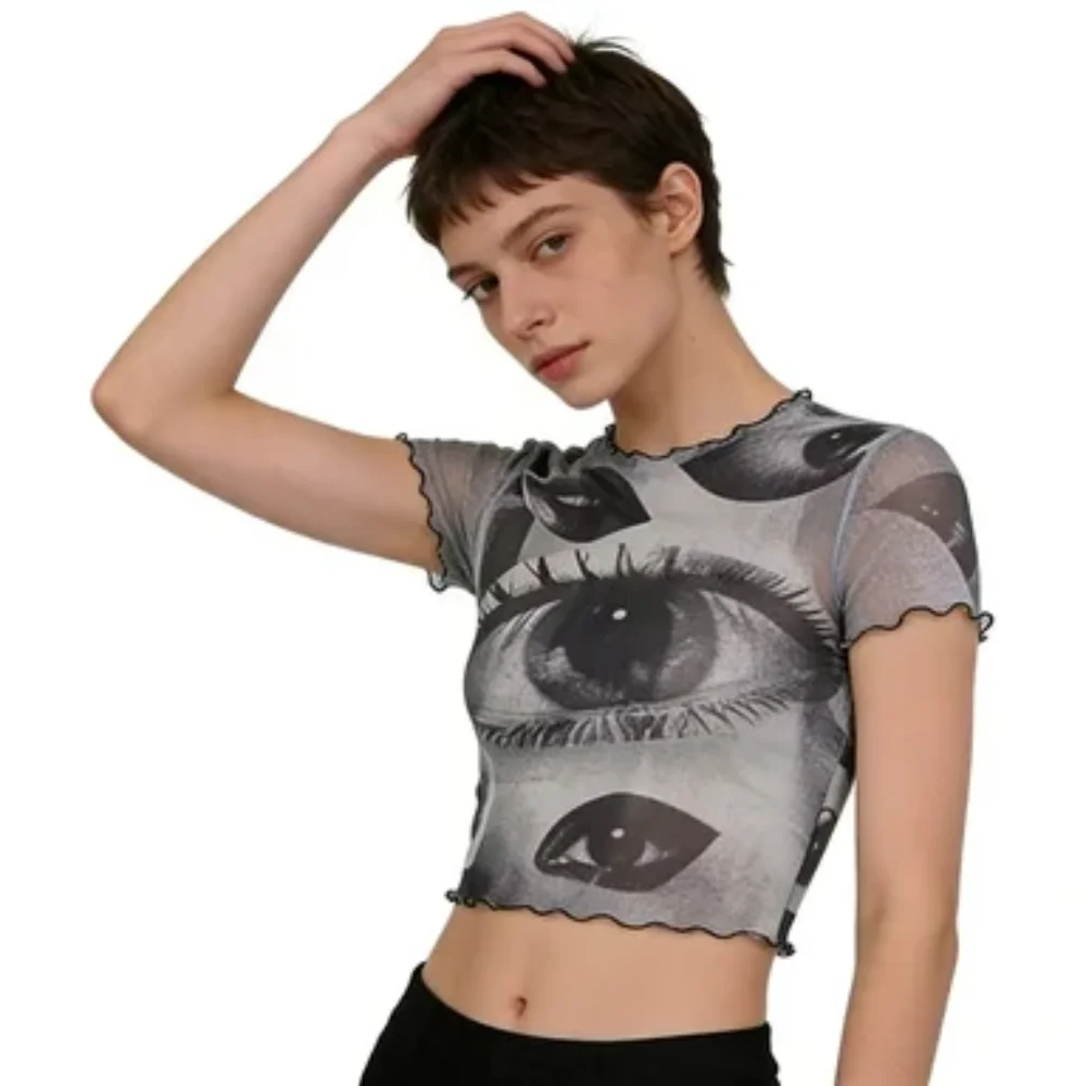 

Eyes Printing Pattern Tshirt Exposed Navel Sexy Slim Fit Y2K Leisure Retro Gothic Esthetische Short Sleeve Round Neck Black Tops