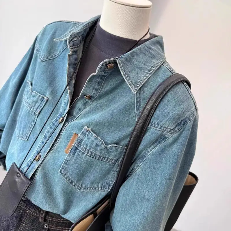 Camisa vaquera azul estilo Retro de Hong Kong diseño de otoño e invierno abrigo nuevo camisa Top