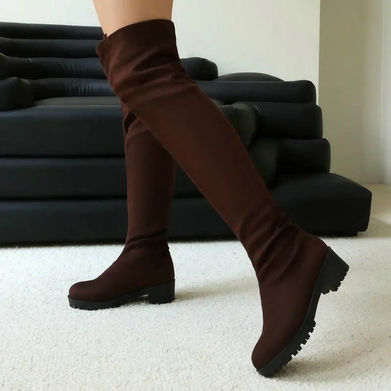Faux Suede Leather Flock Slip-on Women Shoes Black Stretch Knee High Boots Chunky Low Heels Over-knees Fall Slim Sock Boots Shoe