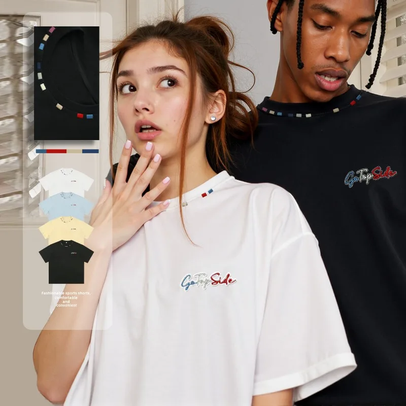 

Stylish 4 Colors Unisex T-shirt Clean Fit Men Short Sleeve Tees Casual Round Neck Rainbow Embroidery Top Korean Couple Clothes