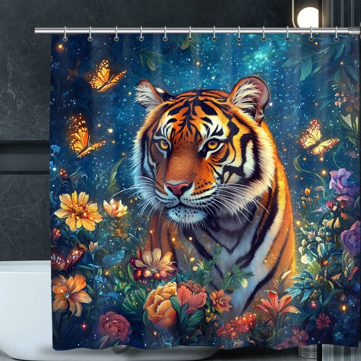 

1 шт., занавеска для душа Dreamy Tiger с цифровым принтом — яркая полиэфирная ткань с крючками, можно стирать в машине, тканый дизайн для современного использования