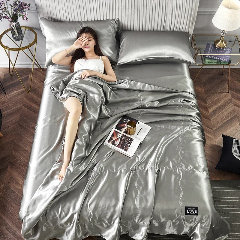 New Skin-friendly Breathable Duvet Luxury Ice Silk Summer Blanket Soft Thin Cool Comforter 4/3/1 Pcs Silky Quilt Set or 1 Quilts