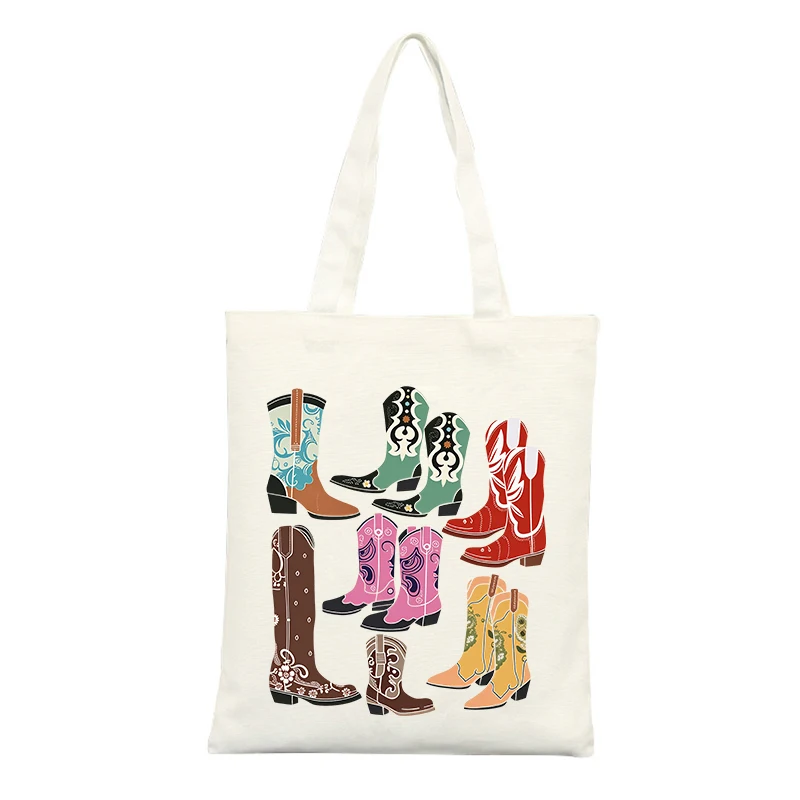 Canvas Tote Bag with Western-style Boot Print, Ideal for Casual Shopping and Daily Use