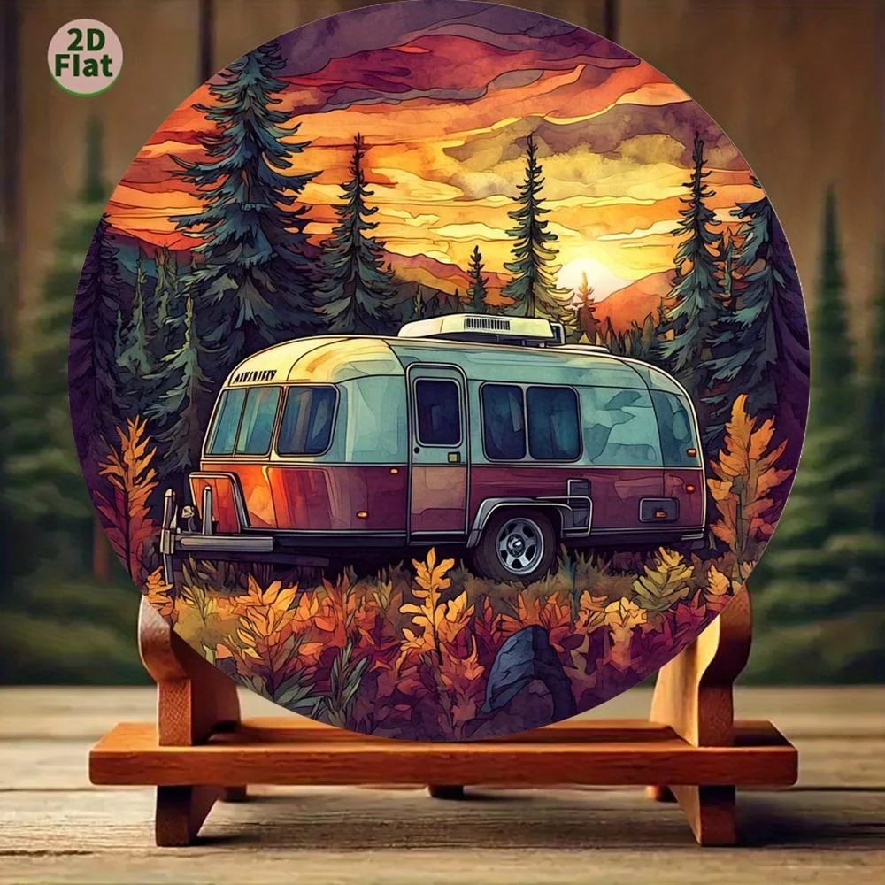 Forest RV Camper Pattern Iron Painting,2D Round Metal Tin Sign 1PC 20x20cm Sunset Scenery Wall Hanging Home Decor