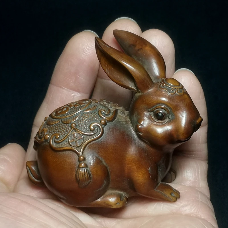 

1919 Antique art Size 2.8 Inch Japanese Boxwood hand carved vivid Rabbit Figure statue netsuke collectable Decoration gift