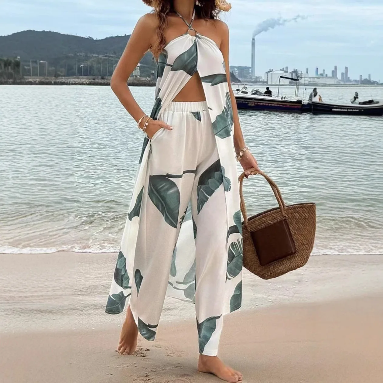 

2025 летние новые модные женские повседневные модные комплекты из 2 предметов с принтом, топы без рукавов с висячим вырезом, широкие брюки, женская одежда