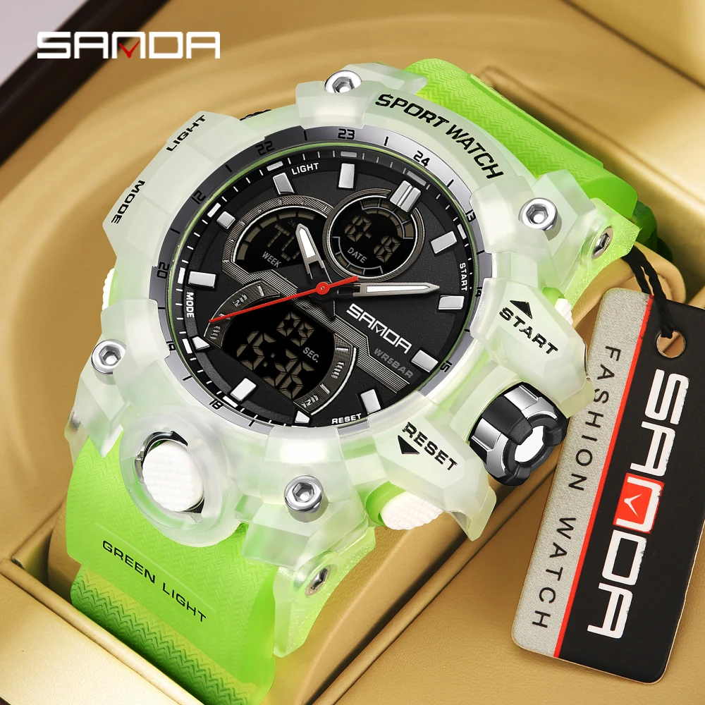 SANDA 6198 Fashionable Cool Night Light Dual Screen Multi functional Outdoor Sports Waterproof Men\'s Electronic Watch 2024