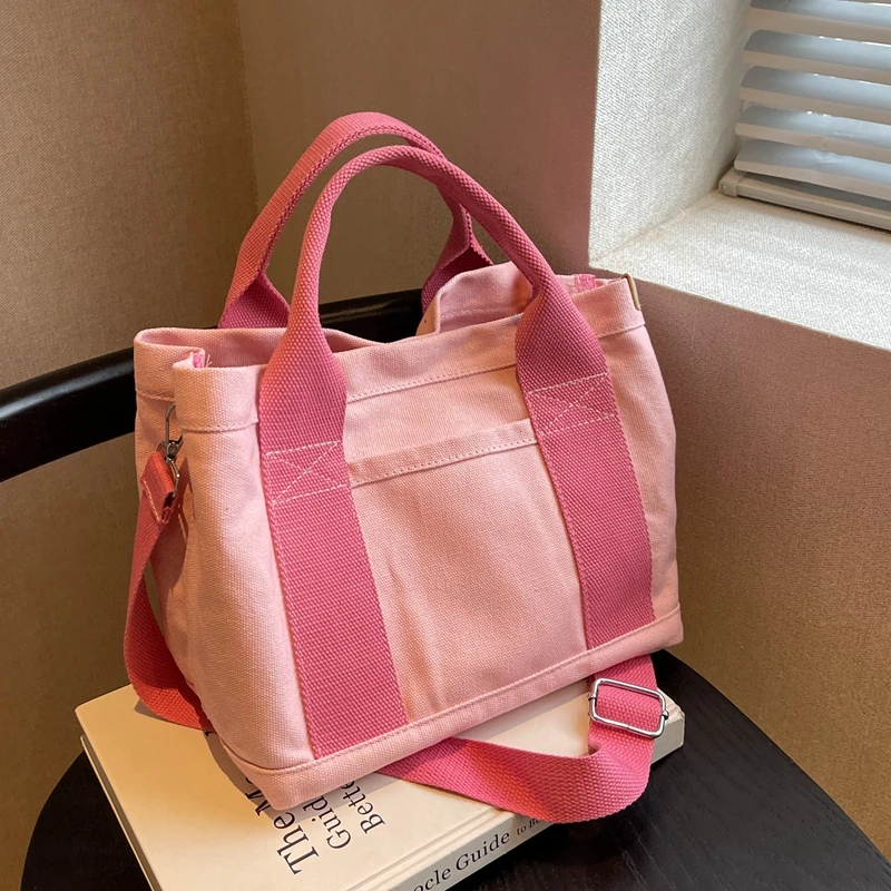 Pink Large Capacity Canvas Bag 2023 New Women's Fashion Contrast Color Interior Partition Portable Crossbody Bag Casual Handbag