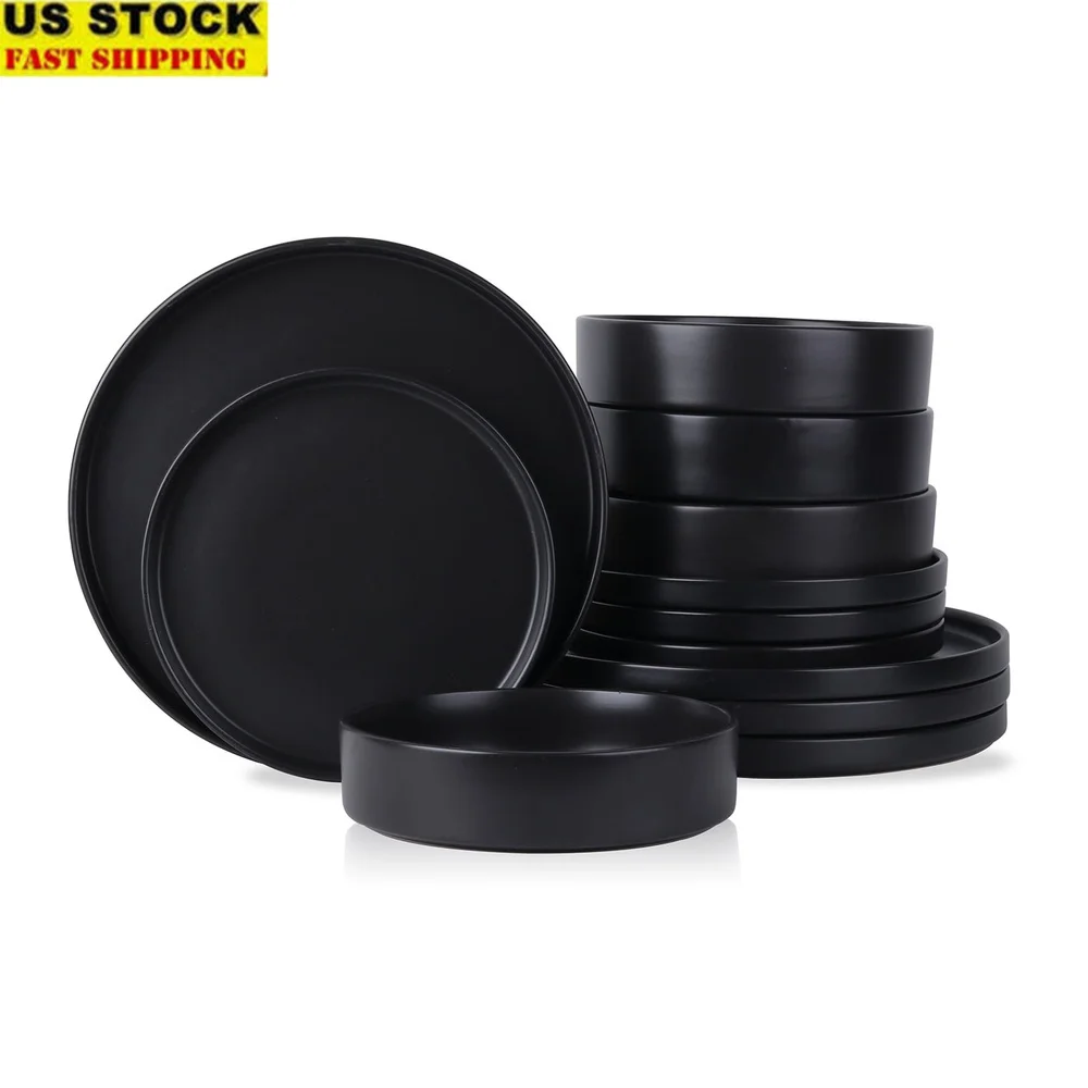 

12-Piece Black Stoneware Dinnerware Set with Rim Design Microwave Dishwasher Safe Perfect Everyday Dining and Entertaining