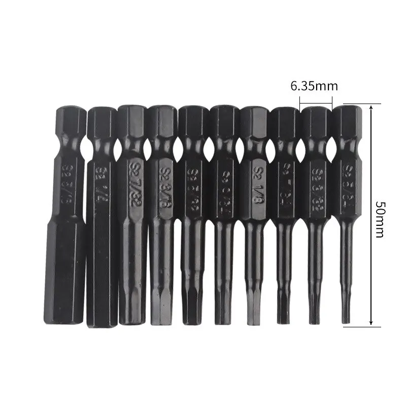 10pcs Hexagonal Bit Set Multi Standard Wear Resistant and Durable Imperial Size Hexagonal Bit S2 Alloy Steel Screwdriver Bit