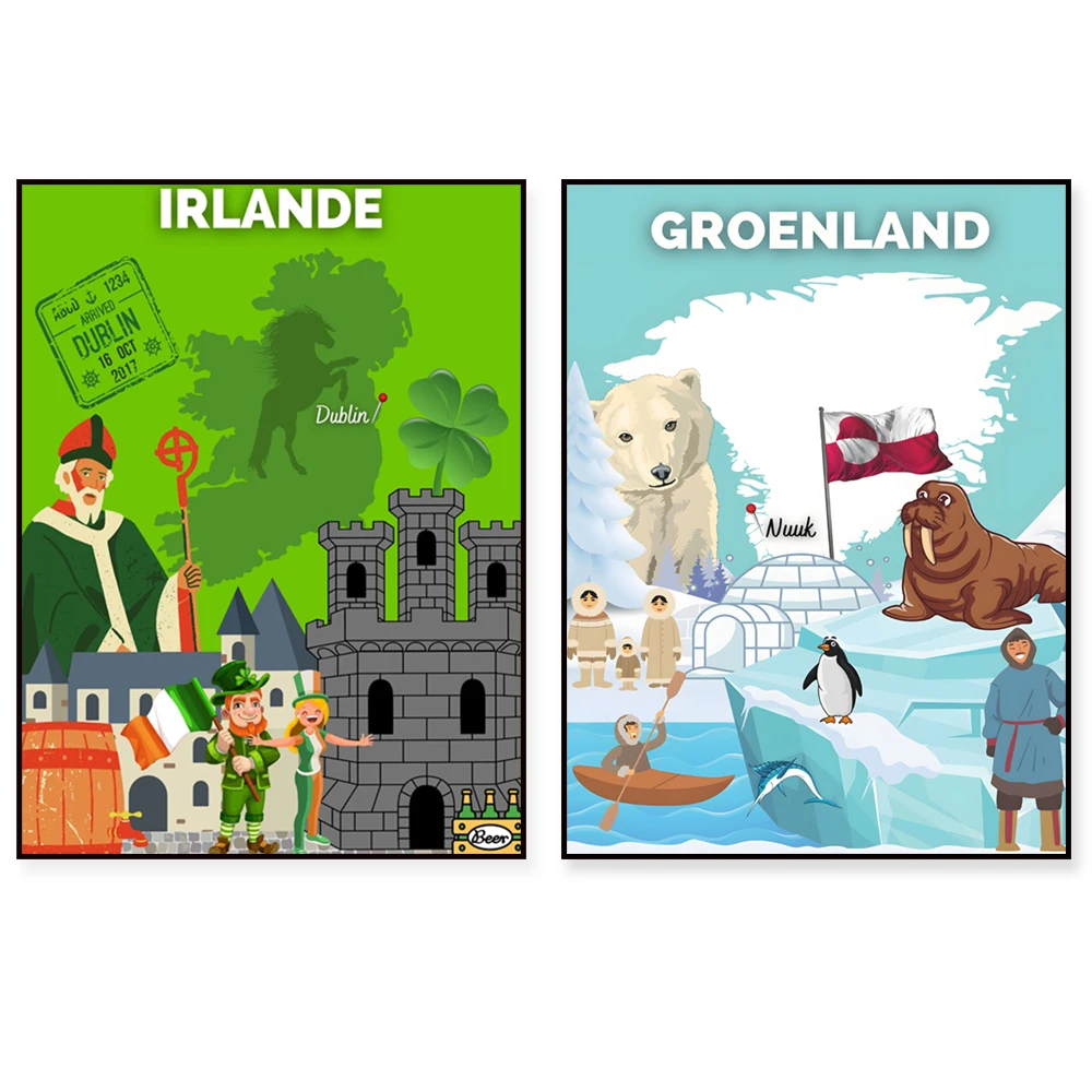 Travel posters for Belgium, Italy, Norway, Switzerland, France, Greenland, Greece, Ireland, and Spain