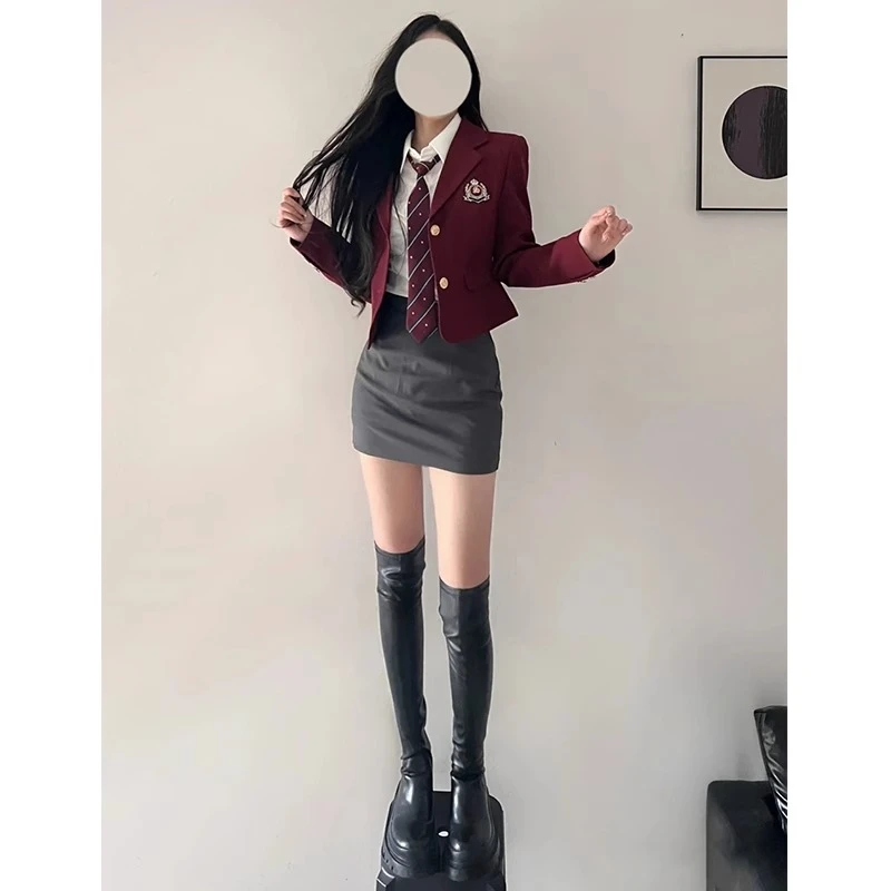 Amerykański styl College Sle JK orm Zestaw Damski Spódnica z Wysokim Stanem Dwuczęściowy Garnitur Spicy Girl Modny Ele Sensation