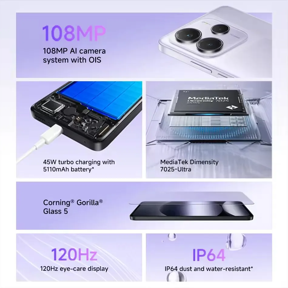 الإصدار العالمي للهاتف الذكي Xiaomi Redmi Note 14 5G NFC MTK الأبعاد 7025-Ultra 108MP كاميرا 5110mAh بطارية 45W شحن توربو