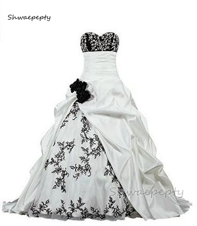 

Vintage Black And White Wedding Dresses Embroidery Ruched A Line Satin Bridal Gowns Sweetheart Corset Gothic Vestido Customized