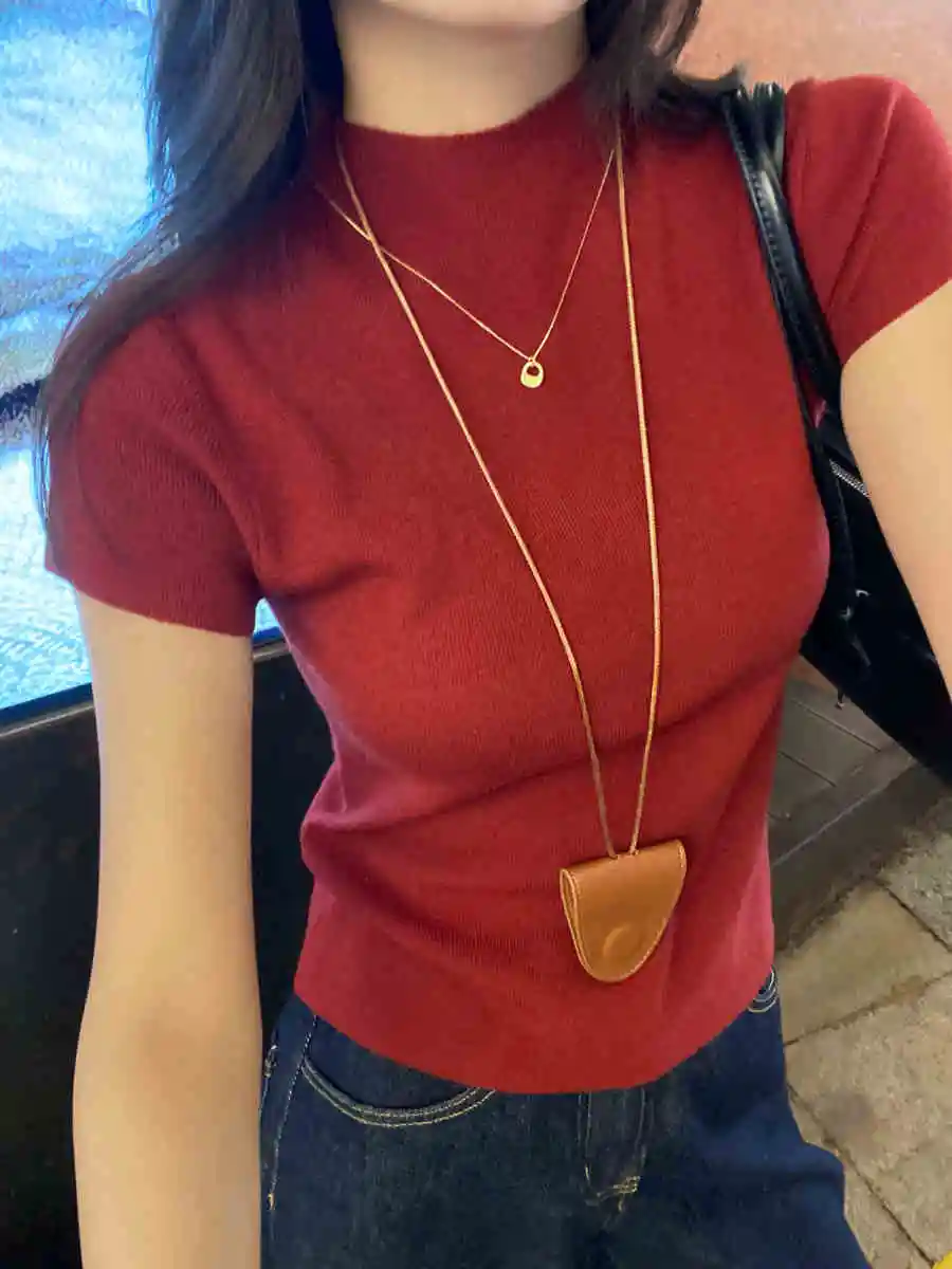 

Half high neck short sleeved new slim fit high-end knitted base top