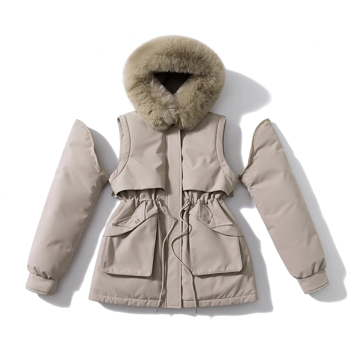 Autumn Women Plush Lined Detachable Sleeves Parka Coat Female Big Fur Collar Removable Hood Thick Loose Casual Winter Outerwear