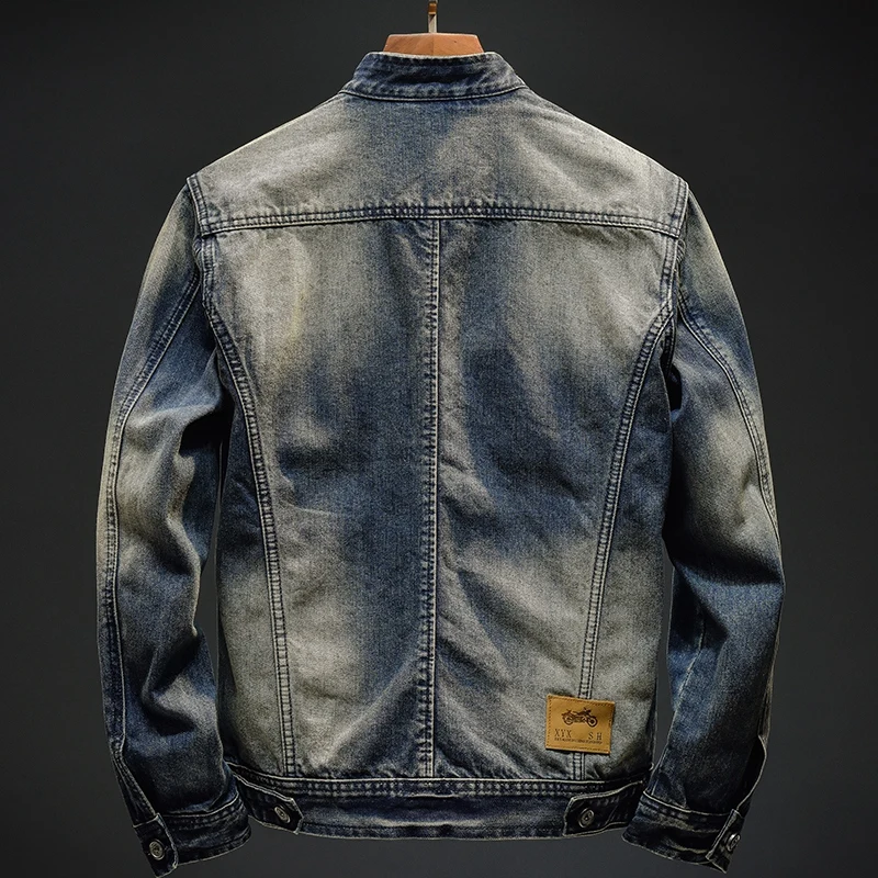 2024 autumn trendy vintage denim jacket men's slim-fit nostalgic street motorcycle jacket stand collar vintage fashion coat