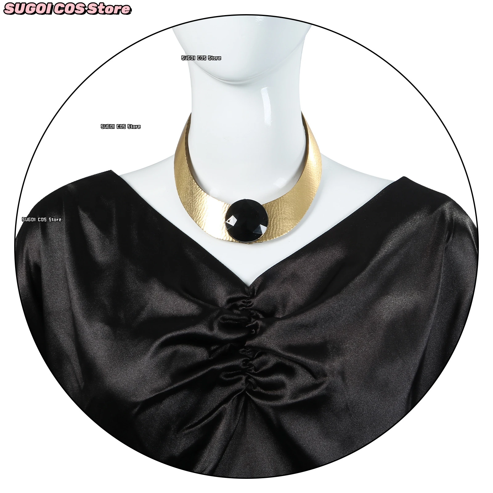 أنيمي Camearra تأثيري حلي أسود الخامس الرقبة سليم فستان طويل قلادة غطاء الرأس عصا للمشي ملحق لعب الأدوار بدلة الحفلات