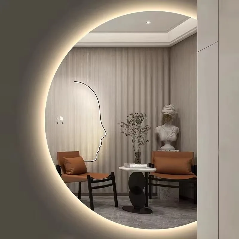 

Modern Round Half Moon Smart Bathroom Mirror Touch Screen LED Backlit Wall Mounted for Hotels Illuminated Bath Decorative Wall