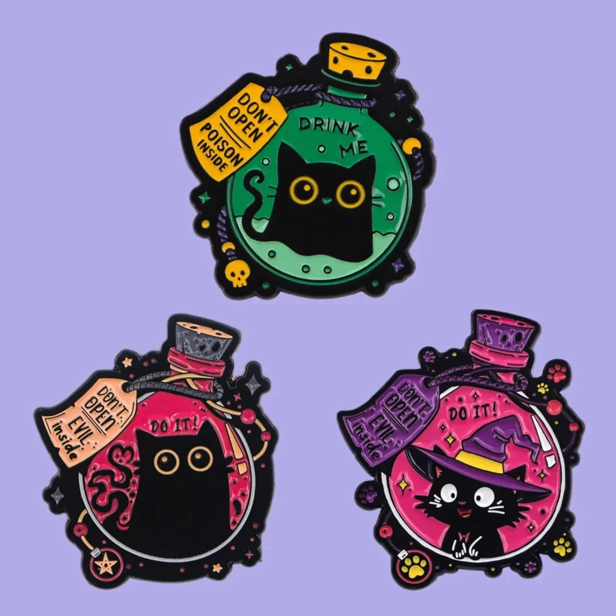 1-3pcs/Set Cartoon Witch Black Cat Elf Enamel Pin Don't Open Bottle Kitten Brooches Lapel Badges Halloween Jewelry Gifts