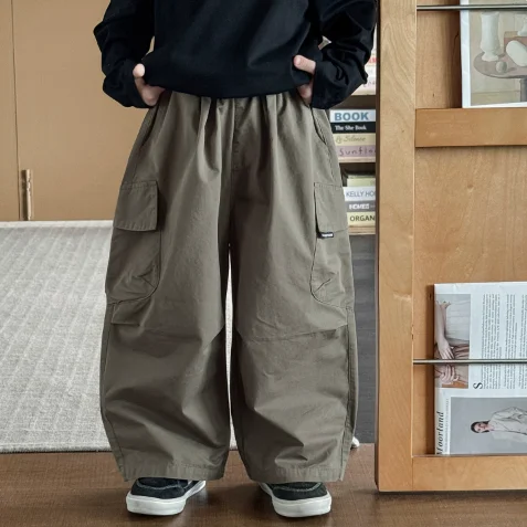 Boys Pants 2026 Spring and Autumn New Childrens Clothing Korean Style Boys and Girls Fashionable Stitching Bag Overalls