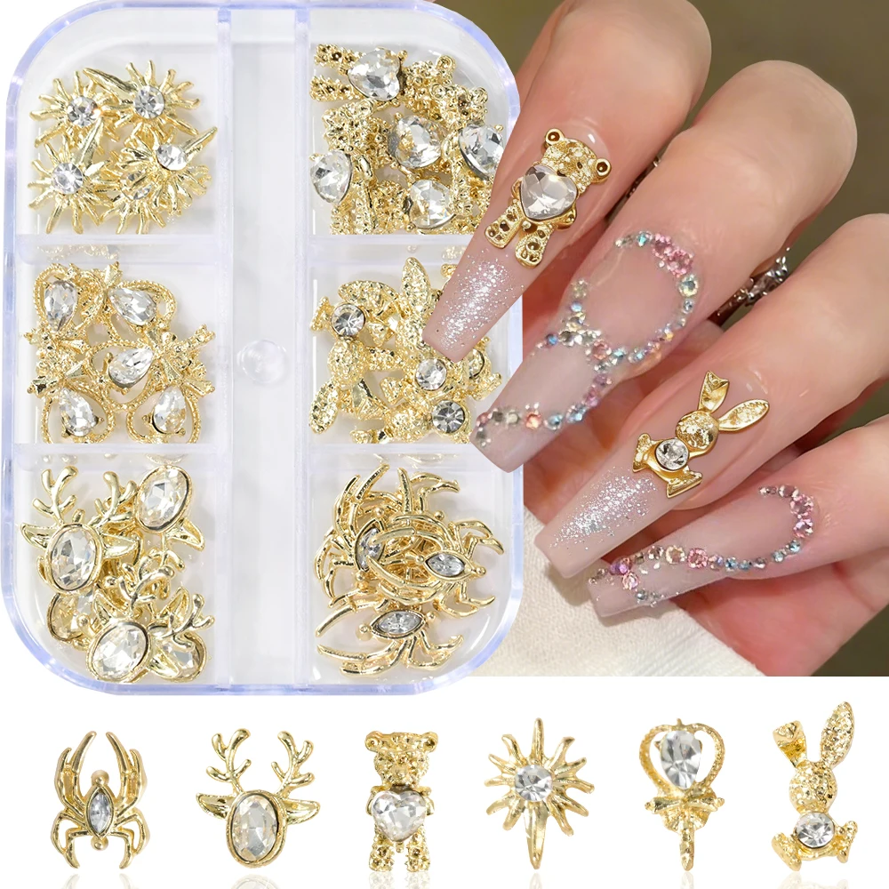 6 Gitter 30 Stück Legierung Gold Elch Spinne Bär Hase Nagel-Diamanten Glänzende Klare Strasssteine Nagel-Charms Sternenlicht Nagelschmuck E3@