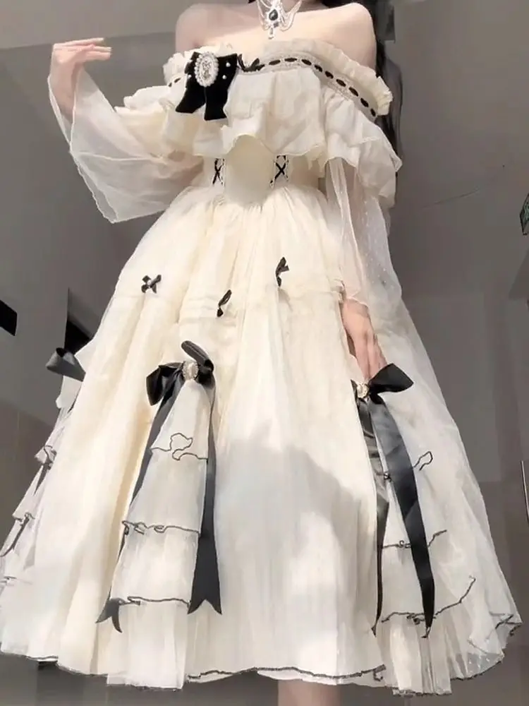 

2025 New Japanese Lolita Women Elegant Off Shoulder Princess Dress Sweet Kawaii Gorgeous Bowknot Flower Tunic Mesh Fairy Dresses